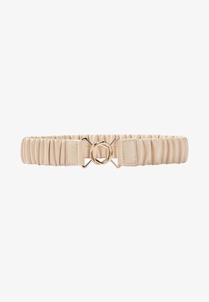 Ceinture élastique beige froncée avec un détail de boucle métallique dorée en forme de cercle et de X au centre.
