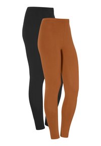 Zwei Paar Leggings: eine schwarze und eine rostfarbene. Weicher, elastischer Stoff mit einem enganliegenden Design und ohne sichtbare Muster oder Akzente.