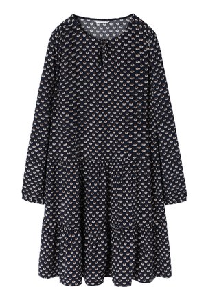 Vestido de marinero con mangas largas, escote redondo y un diseño en capas. Presenta un patrón floral en colores claros y un lazo en forma de ojal en el escote.