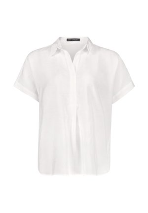 Hvid kortærmet bluse med krave, delvis knaplukning foran og løs pasform, mærket "Betty Barclay" inde i nakken.