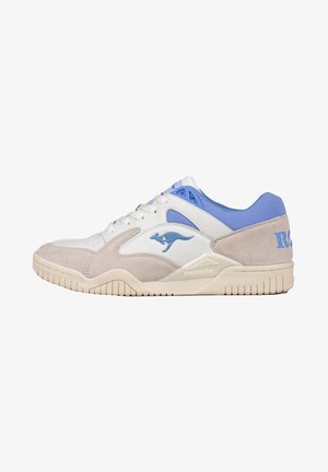 White and beige sneaker with blue accents, kangaroo logo, "DYNACOIL" sole detail, and "ROY" text on the heel panel.
