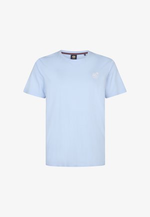 Hellblaues Baumwoll-T-Shirt mit klassischem Rundhalsausschnitt, kurzen Ärmeln und einem kleinen weißen "LA PAZ" Logo auf der linken Brustseite.