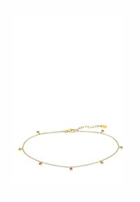 Bracelet en chaîne dorée avec de petites pierres précieuses colorées. Design délicat avec un fermoir à homard et une longueur réglable. Texture lisse.