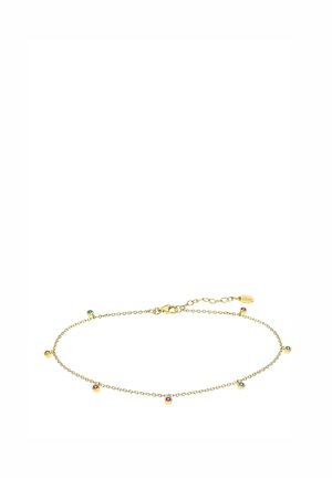Bracelet en chaîne dorée avec de petites pierres précieuses colorées. Design délicat avec un fermoir à homard et une longueur réglable. Texture lisse.