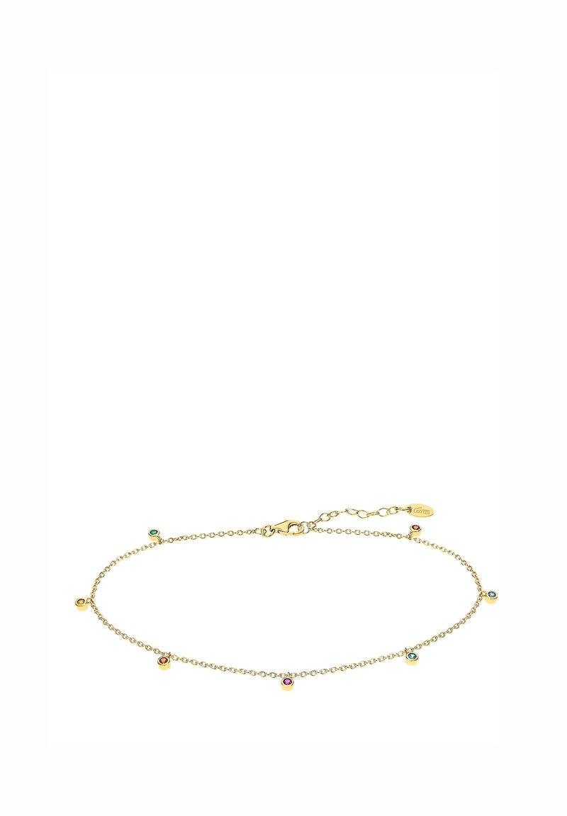 Bracelet en chaîne dorée avec de petites pierres précieuses colorées. Design délicat avec un fermoir à homard et une longueur réglable. Texture lisse.