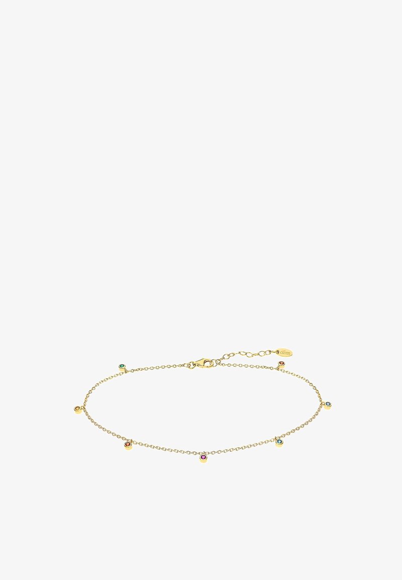 Bracelet en chaîne dorée avec de petites pierres précieuses colorées. Design délicat avec un fermoir à homard et une longueur réglable. Texture lisse.