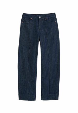 Mørkeblå denim jeans med et lige ben-design, fem lommer og synlig syning. Har en ombukket kant og metalknaplukning.