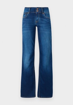 Jean bleu à jambes larges en denim, avec deux boutons à l'avant, des coutures orange et une texture lisse. Design classique à cinq poches.