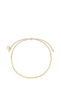 Bracciale a catena color oro con cordino beige, dotato di chiusura a perline scorrevole e dettagli hardware decorativi.
