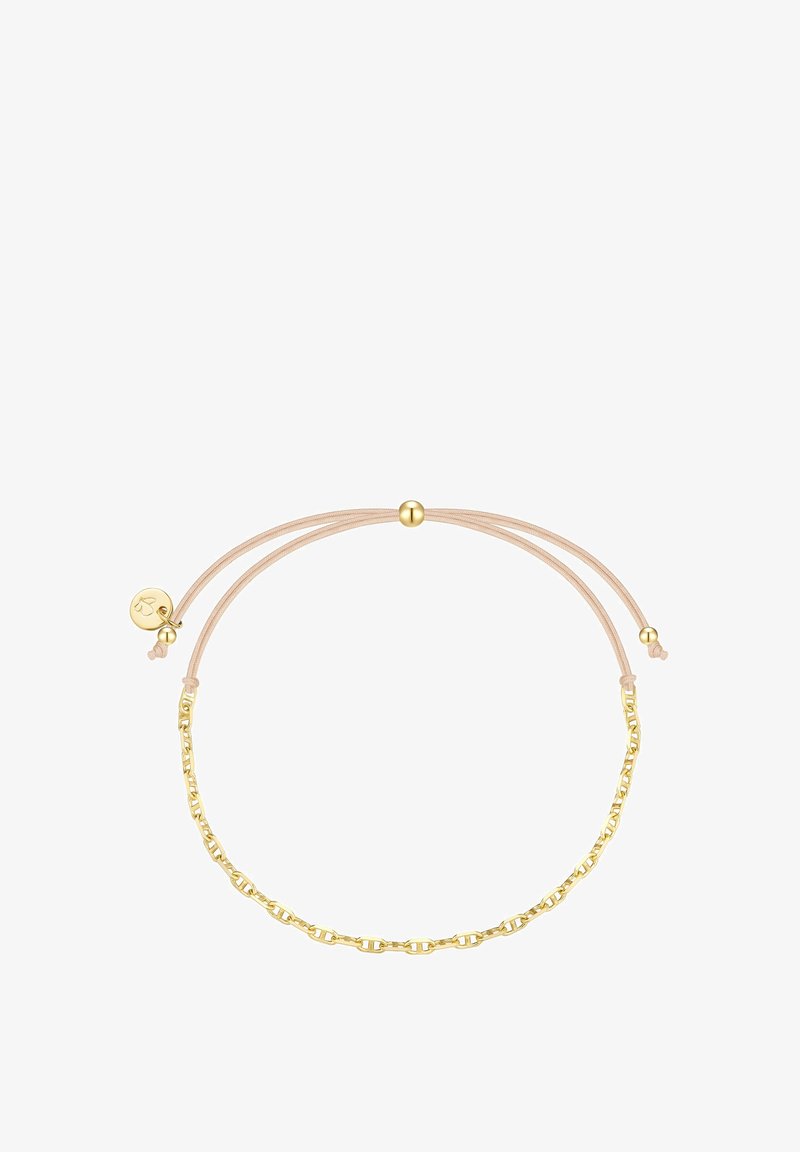 Zelta tonis ķēdes aproce ar bežīgu auklu, ar slīdējošu pērlītes aizdari un dekoratīvām aparatūras detaļām.