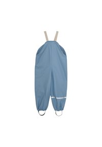 Blå vattentäta overaller med beige hängslen, elastiska ärmslut och reflekterande vit rand. Inkluderar sidofickor och justerbara remmar.