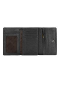 Portafoglio in pelle nera con superficie testurizzata, dotato di più slot per carte, una finestra trasparente per l'ID, un comparto con zip e una chiusura a scatto.