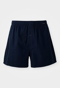 Boxers de algodón azul marino con cinturilla elástica, cierre de botón frontal único y un detalle perforado en el centro delantero.