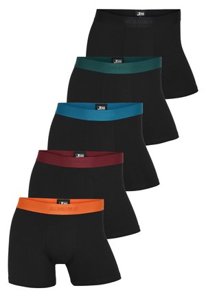 Svarta kalsonger med olika färger på midjebandet: teal, blå, vinröd, orange. Tillverkade av bomull med en jämn textur och JBS Underwear-märke.