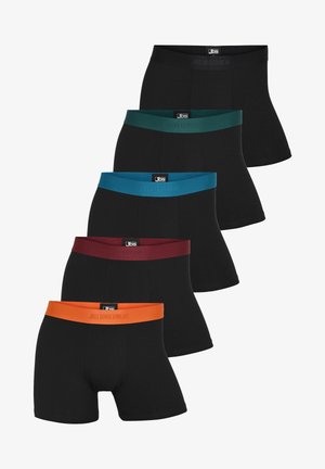 Schwarze Boxer mit verschiedenen Bundfarben: Petrol, Blau, Burgunder, Orange. Baumwollmaterial mit glatter Textur und JBS Underwear-Branding.
