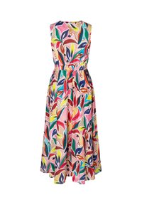 Blumenkleid aus pinkem Stoff mit lebhaften, mehrfarbigen Blattmustern, ärmellos und mit elastischem Taillenbund für eine bequeme Passform.