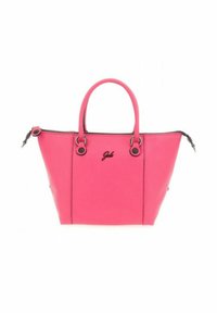 Borsa a tracolla in pelle fucsia brillante con manici doppi, chiusura con zip e dettagli neri. Presenta un logo e hardware circolare sui lati.