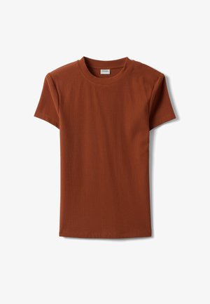 Rust-colored short-sleeve ribbed knit crewneck T-shirt laid flat on a white background.
