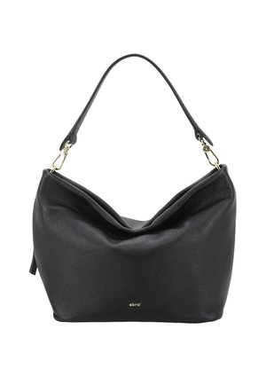 Black leather shoulder bag with a soft, slouchy shape, single strap, gold hardware, and small gold brand logo on the front center.
