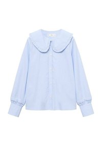 Sininen raidallinen nappipaita, jossa on suuri, röyhelöinen kaulus ja pitkät hihat. Paidassa on nappisulku ja kerätty hihansuu.