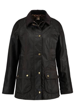 Brown waterproof jacket with a corduroy collar, snap buttons, two front pockets, and a lightweight design suitable for layering.