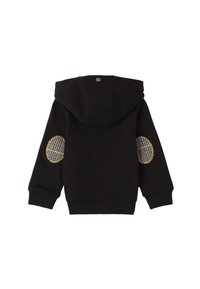 Sudadera negra con bolsillo canguro, puños acanalados y distintivos parches de codo a cuadros. Hecha de un tejido suave y duradero.