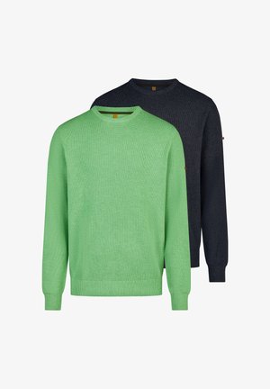 To langærmede crewneck-trøjer lagt oven på hinanden, den forreste i lysegrøn og den bageste i mørkegrå, begge med tekstureret strikstof.