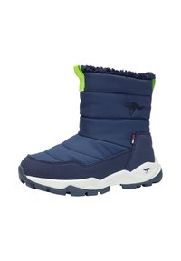 Marine Winterstiefel mit gepolstertem Schaft, grünen Akzenten und einer Gummisohle. Verfügt über ein Logo an der Seite und eine strukturierte Fütterung am oberen Rand.