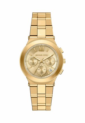 Zegarek na rękę Michael Kors w kolorze złotym, z tarczami chronografu, rzymską cyfrą XII, okienkiem daty na godzinie 4 oraz metalową bransoletą z ogniw.
