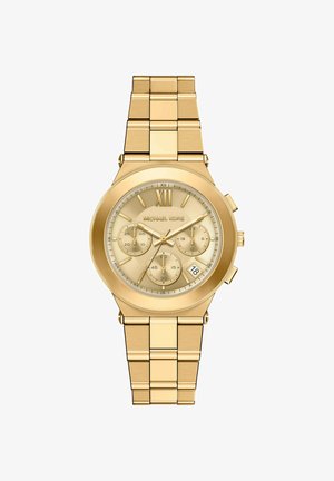 Orologio da polso Michael Kors in tono oro con quadranti cronografici, numerale romano XII, finestra per la data alle 4 e cinturino in metallo a maglie.