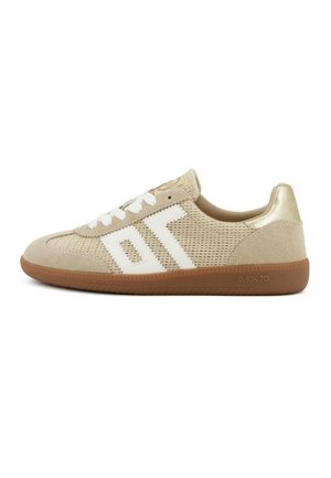 Sneaker beige basso con strisce logo bianche, lacci bianchi, tomaia in mesh e camoscio, dettaglio oro sul tallone e suola in gomma marrone con la scritta "Back 70".