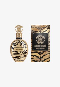 El perfume Sweet Ferocious de Roberto Cavalli presenta una botella a rayas doradas y negras con un tapón decorativo dorado y una caja a juego.
