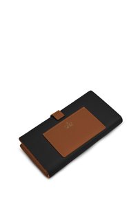 Black leather wallet with a textured surface and a brown accent. Features a flap closure and a prominent rectangular card holder.