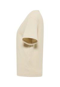 Beige short-sleeve T-shirt in soft cotton material, featuring a relaxed fit, rounded neckline, and seamless sleeves.