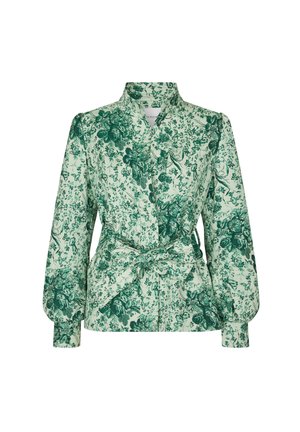 Blusa verde a stampa floreale con colletto alla coreana, cintura a fiocco in vita e maniche lunghe. Realizzata in tessuto leggero con una texture liscia.
