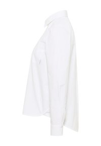 White button-up shirt with a classic collar, long sleeves, single chest pocket, and a relaxed fit, made of cotton fabric.
