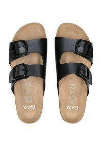 Sandali sintetici neri con due cinghie regolabili, fibbie e una soletta imbottita di colore beige. Presentano il testo in rilievo "high soft".