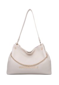 Borsa hobo beige realizzata in materiale sintetico liscio, con un accentuato in catena dorata e logo impresso sul davanti. Design morbido e informale.
