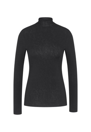 Sort langærmet turtleneck trøje lavet af blødt stof, med en slank pasform og minimalistisk design uden synlige mønstre eller accenter.