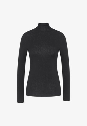 Maglietta nera a maniche lunghe con collo alto realizzata in tessuto morbido, caratterizzata da una vestibilità slim e un design minimalista senza motivi o dettagli visibili.