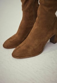 Braune Wildleder-Stiefel bis zum Knie mit spitzer Zehenform, seitlichem Reißverschluss und Blockabsatz. Weiche Textur und glatte Nahtdetails.