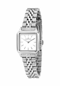 Orologio in acciaio inox argentato con quadrante bianco quadrato, marcatori delle ore minimalisti e design del bracciale a maglia con link alternati lucidi e spazzolati.