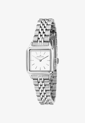 Orologio in acciaio inox argentato con quadrante bianco quadrato, marcatori delle ore minimalisti e design del bracciale a maglia con link alternati lucidi e spazzolati.