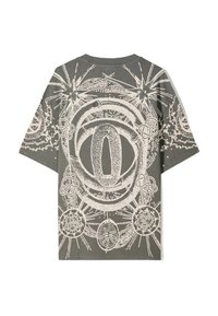 Maglietta oversize grigia con dettagli grafici bianchi intricati, tra cui cerchi e anelli, sul retro. Maniche corte e scollatura tonda.