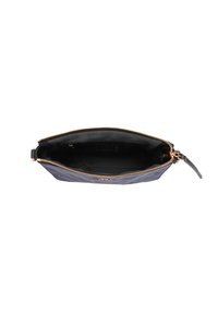 Navy leather clutch with a smooth texture, featuring a gold zipper and a black interior. No external pockets, minimalist design.