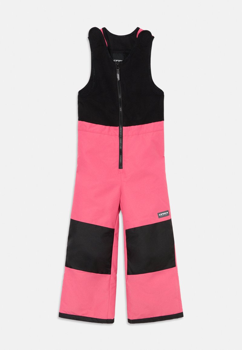 Mouwloze sneeuw overall voor kinderen in roze met een zwart bovenstuk en kniestukken, voorzien van een ritssluiting aan de voorkant en rechte benen.