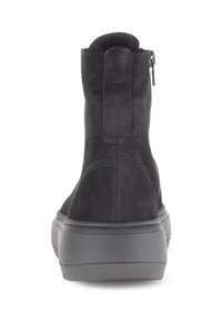 Black suede ankle boots with a textured finish, rounded toe, back zipper closure, and a thick black rubber sole.