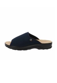 Sandal in rete blu scuro con punta aperta, soletta imbottita color nocciola e suola in gomma nera. Presenta un design leggero per il comfort.