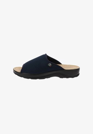 Sandal in rete blu scuro con punta aperta, soletta imbottita color nocciola e suola in gomma nera. Presenta un design leggero per il comfort.