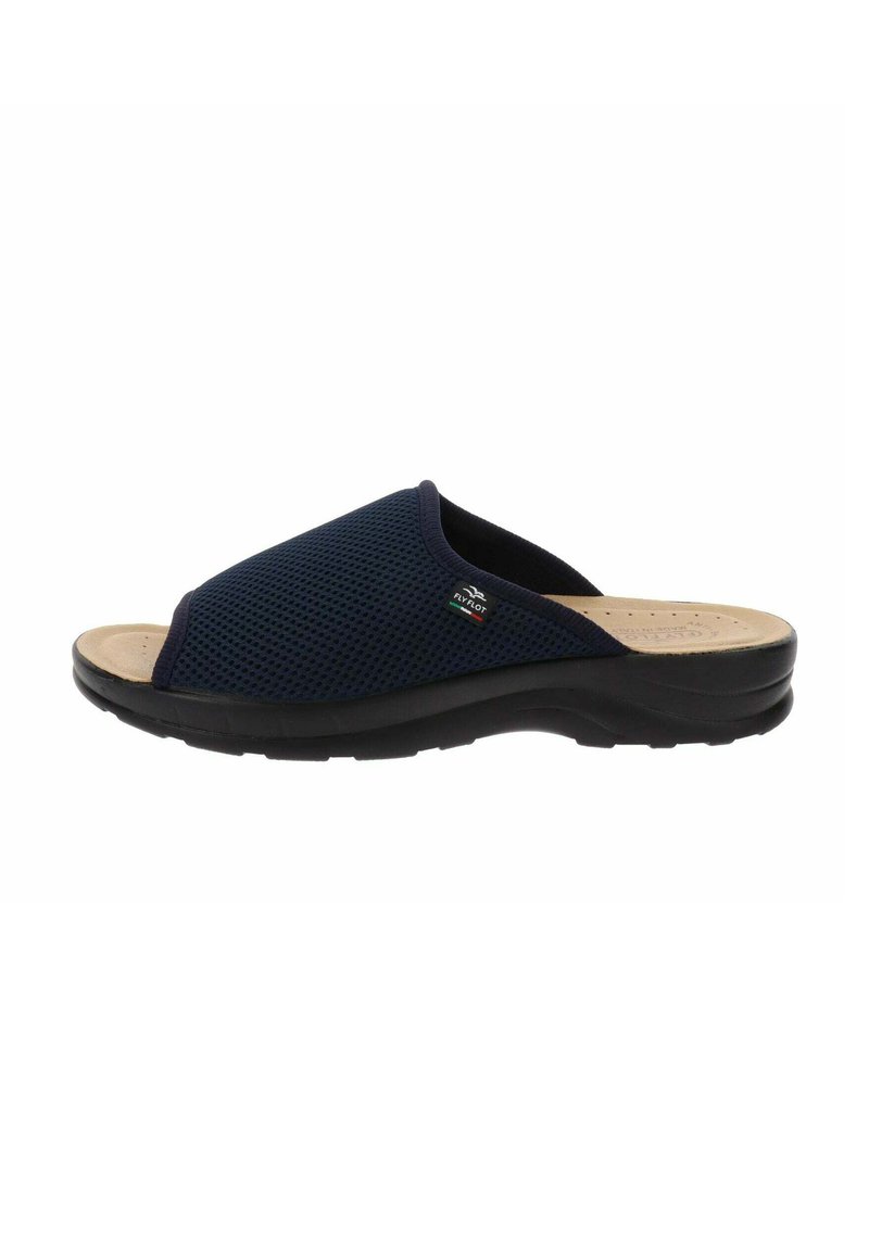 Sandal in rete blu scuro con punta aperta, soletta imbottita color nocciola e suola in gomma nera. Presenta un design leggero per il comfort.